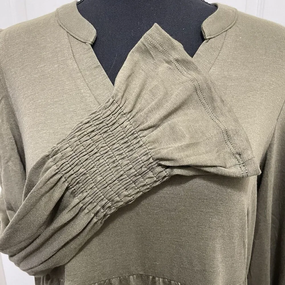 New Marokeety Long Sleeve Ruffle Midi Dress Olive V-Neck Pockets Women's‎ Small